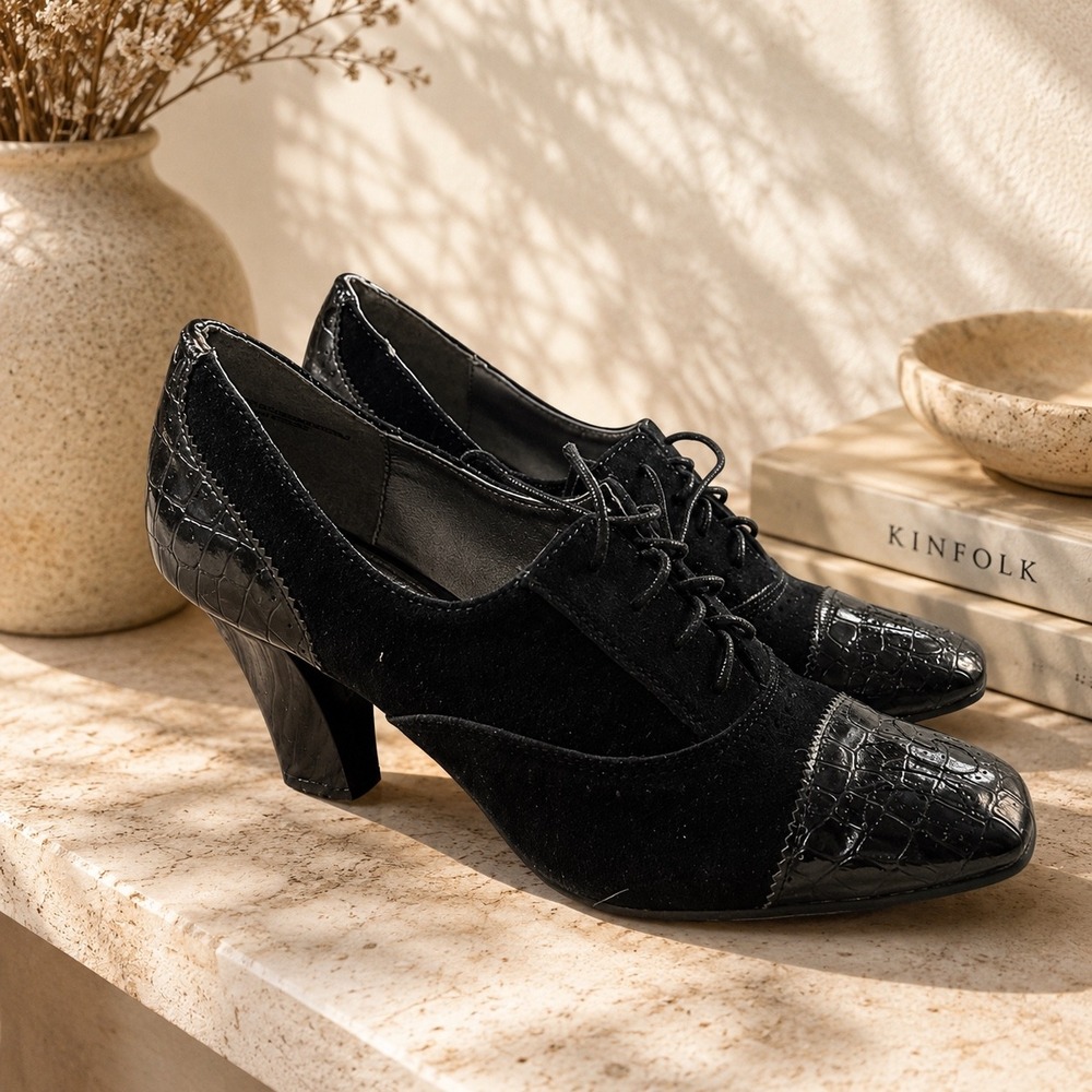 VTG Merona Black Suede Croc Embossed Lace Up Oxford Block Heels Retro‎ Preppy 8